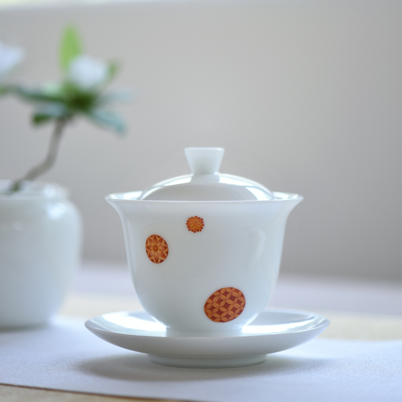 Sweet ball grain jingdezhen pure manual craft tureen white porcelain cups kung fu tea tureen large bowl is three