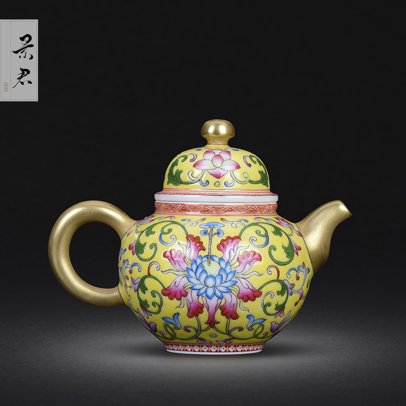 Jingdezhen ceramic all hand hand made yellow to colored enamel paint lotus flower grain mercifully kung fu tea tea set