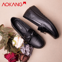 Aokang Shoes middle-aged mothers shoes leather soft beanie shoes anti-slip wedge head casual shoes