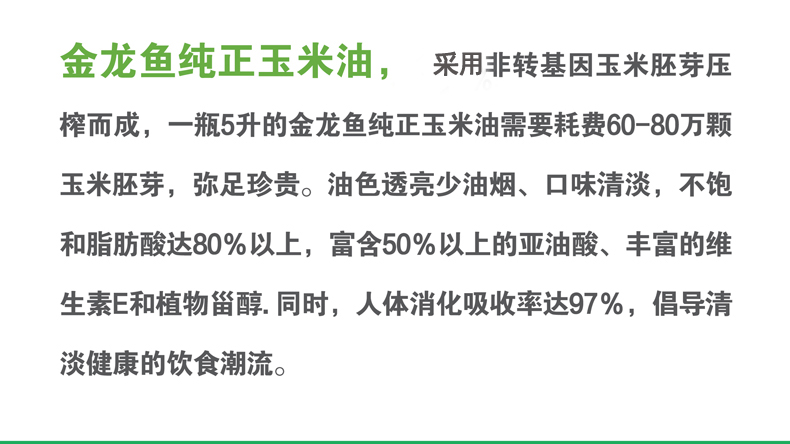 金龙鱼纯正玉米油,采用非转基因玉米胚芽压榨而成,一瓶5升的金龙鱼纯正玉米油需要耗费60-80万颗玉米胚芽,弥足珍贵。油色透亮少油烟、口味清淡,不饱和脂肪酸达80%以上,富含50%以上的亚油酸、丰富的维生素E和植物甾醇.同时,人体消化吸收率达97%,倡导清淡健康的饮食潮流。-推好价 | 品质生活 精选好价