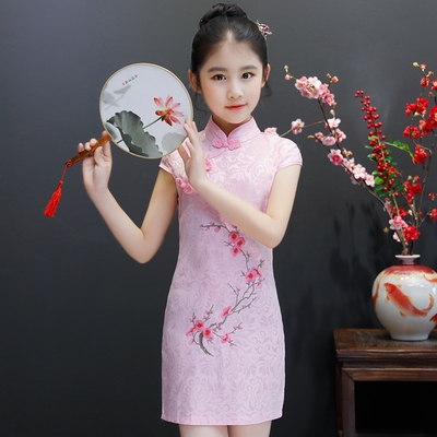 女童旗袍夏2018新款女孩连衣裙儿童刺绣棉麻中国风唐装古筝演出服