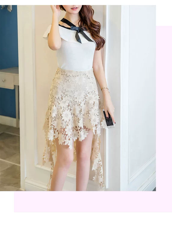 Mùa hè năm 2021 phong cách mới Hàn Quốc túi eo cao hông lá sen hoa ren không đều phía trước ngắn sau váy dài nữ - Váy