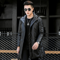 Leather down jacket male long style plus velvet thick hooded leather windbreaker Haining sheep leather jacket winter coat tide