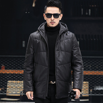 Leather down jacket mens sheepskin hooded Haining leather winter fur plus velvet padded leather coat trench coat