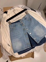 Fashionable age 20 early spring South Korea SJ color combination fake two-piece row mouth A- shaped thin denim skirt