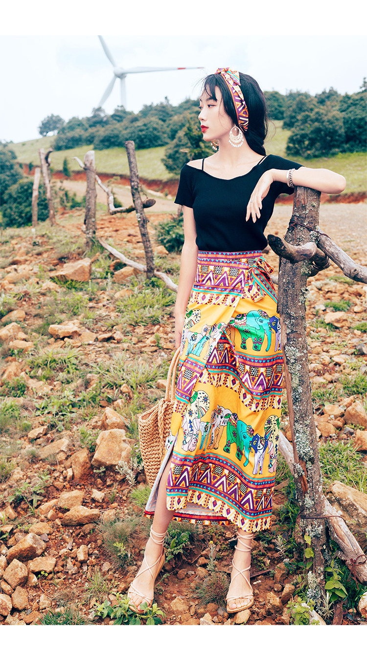 泰国大皇宫大象纱笼裙一片式半身裙围裙式包臀裹裙海边度假沙滩裙