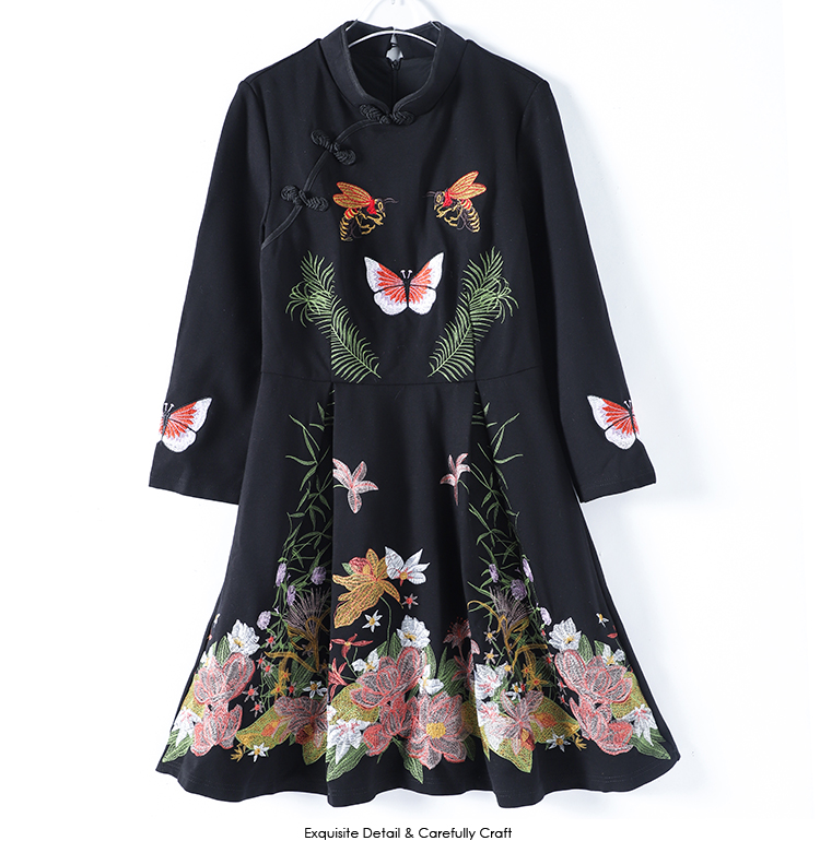 Rohome RMOJUL women's dress national style collar disc button butterfly embroidered ocean dress QC