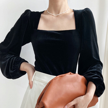 Black gold velvet square neck foam with foam sleeves shirt bottom blouses 2022 Spring new womens clothes Rojia RMOJUL