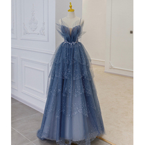 Gao Ding evening dress female 2021 new summer temperament high-end long blue banquet host party dress