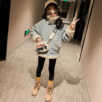 Hong Kong plus velvet thick denim lambskin jacket girls 2021 new Korean version of Western style Parker clothes middle and older children