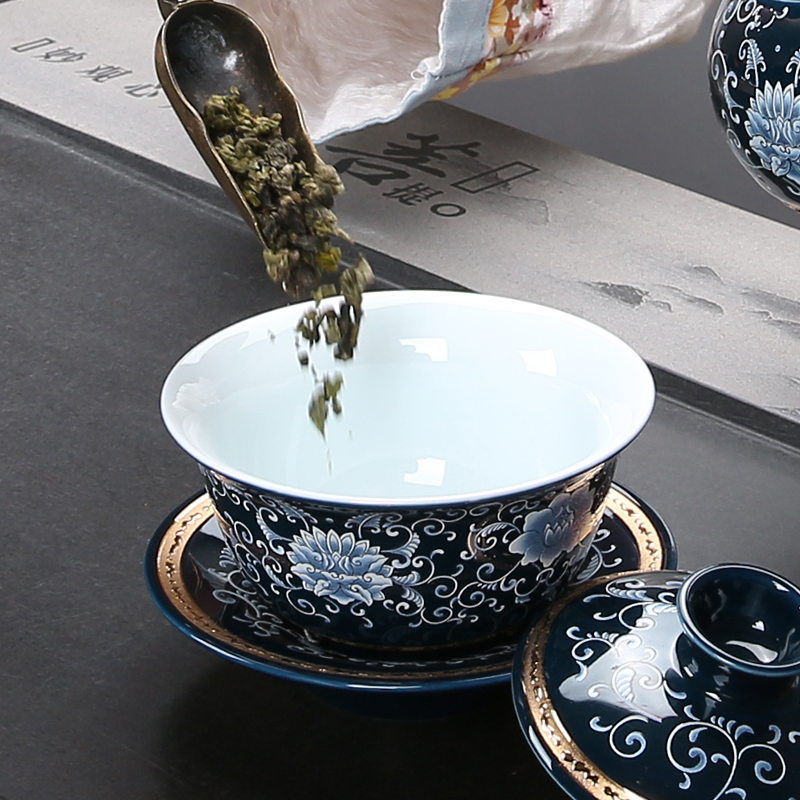 Tureen tea bowl large ceramic kung fu tea tea set jingdezhen blue and white porcelain bowl three bowl of a single tea taking
