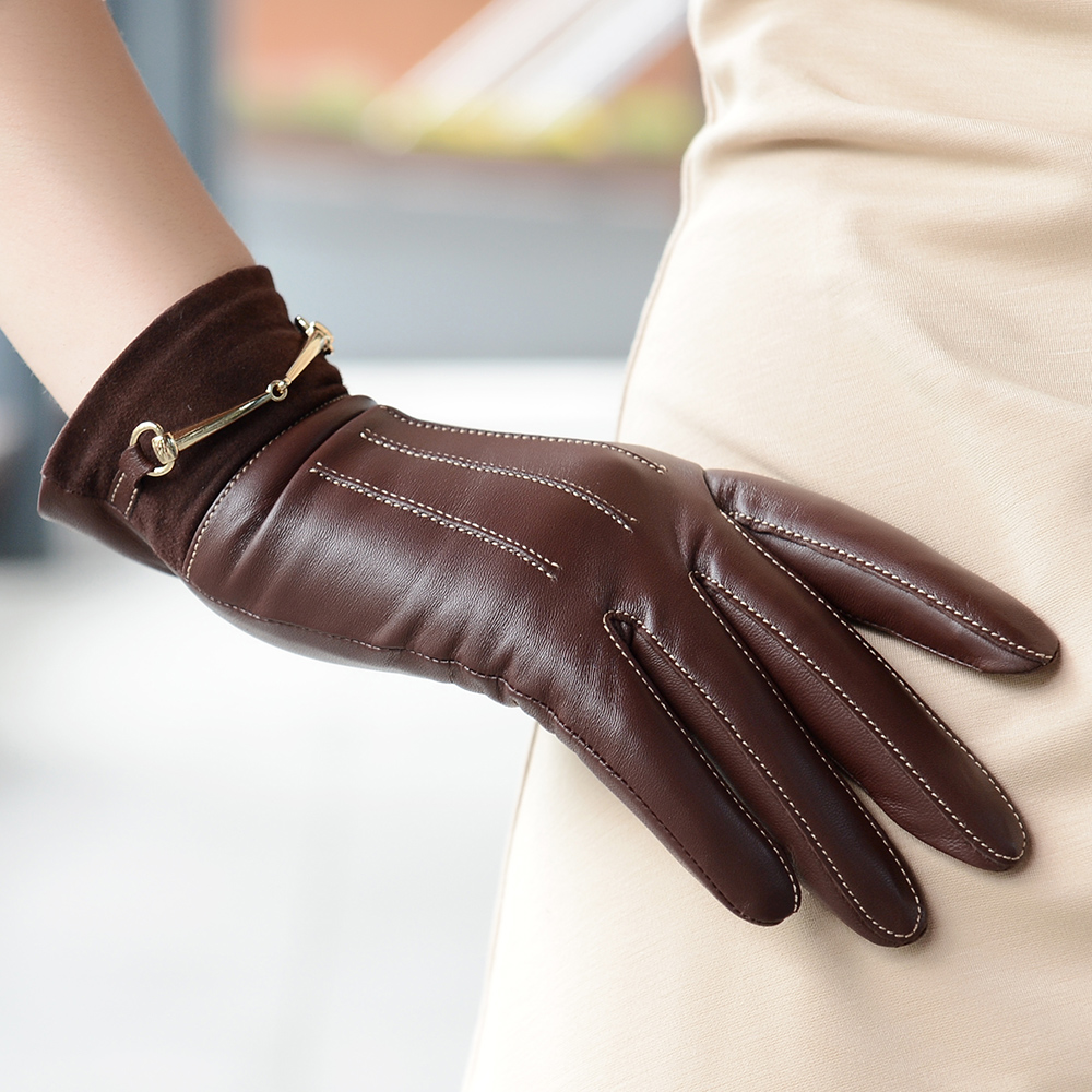 罗欧蒂斯 进口羊皮手套 秋冬皮手套女士时尚修手真皮手套分指女