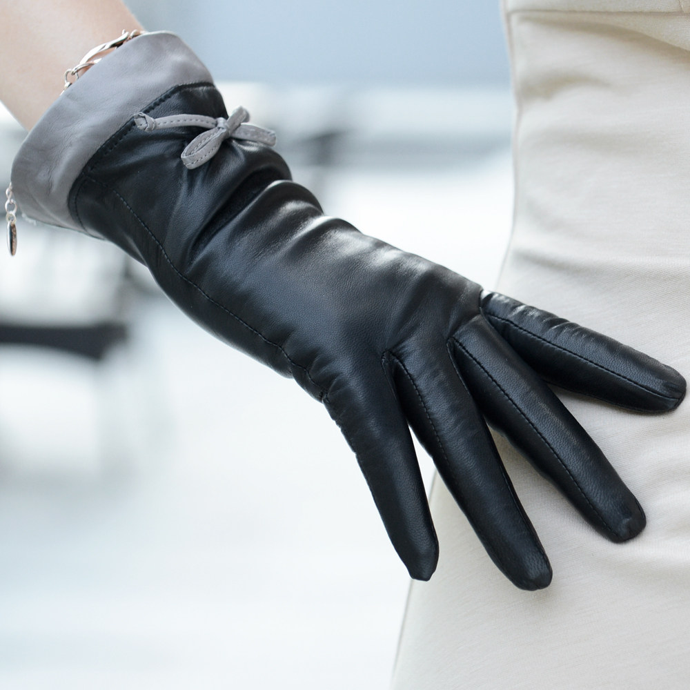 罗欧蒂斯 真皮手套冬季女式皮手套 女士冬季加厚小羊皮分指手套