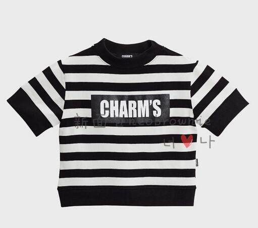 韩国正品潮牌代购stripe crop top女漏脐charms修身黑白条短袖t恤