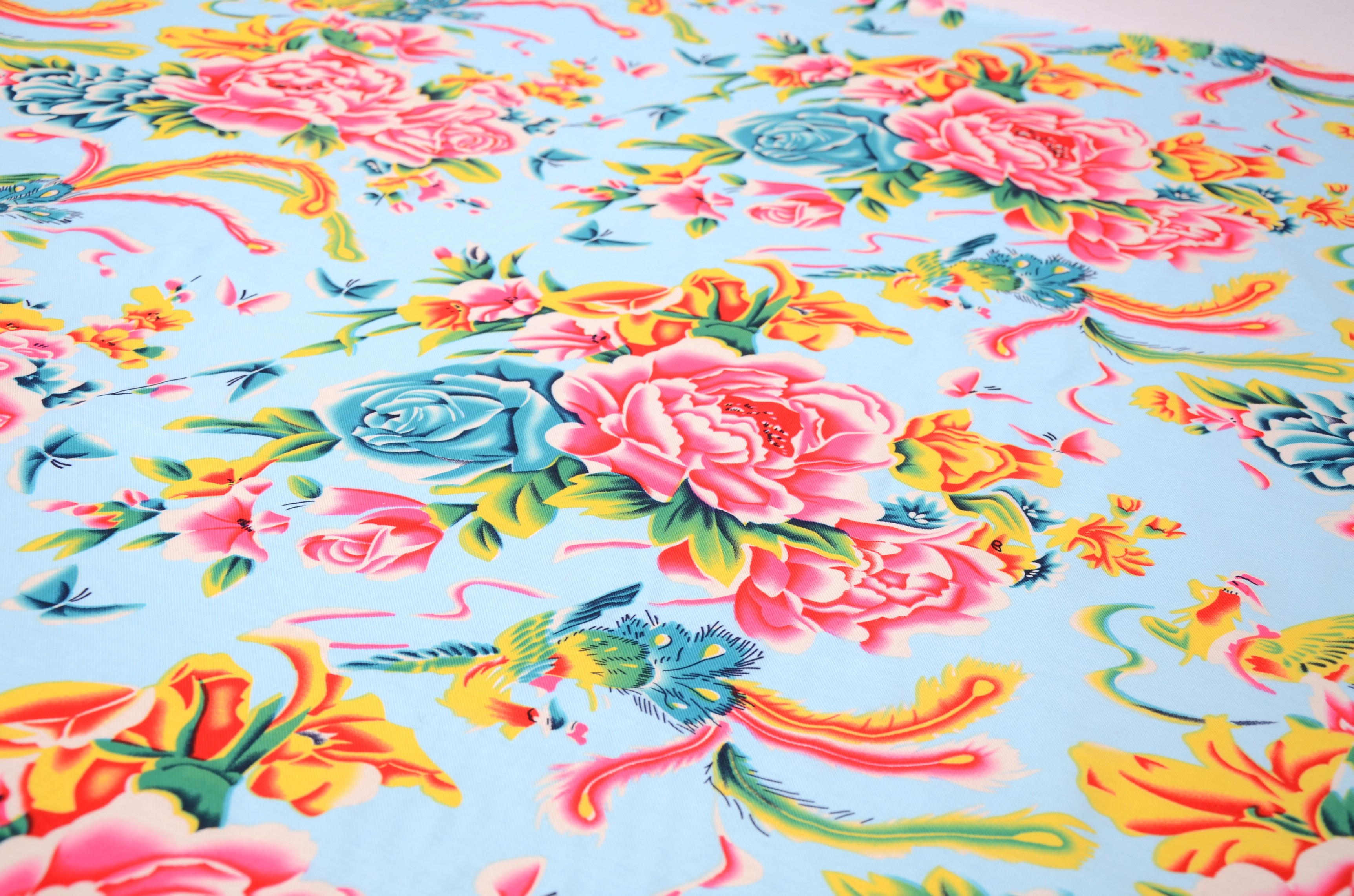 三色怀旧纯棉东北大花布被面棉布布料凤穿牡丹印花面料-经典色