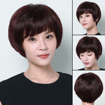 Wig female short hair Hand-woven middle-aged short straight hair round face mom wig set real hair headgear Real hair handsome