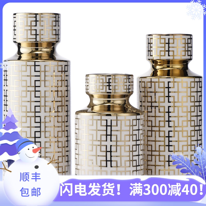 Cubic Chinese wind meander gold ceramic vase light key-2 luxury furnishing articles sitting room porch decoration flowers, dried flowers adorn