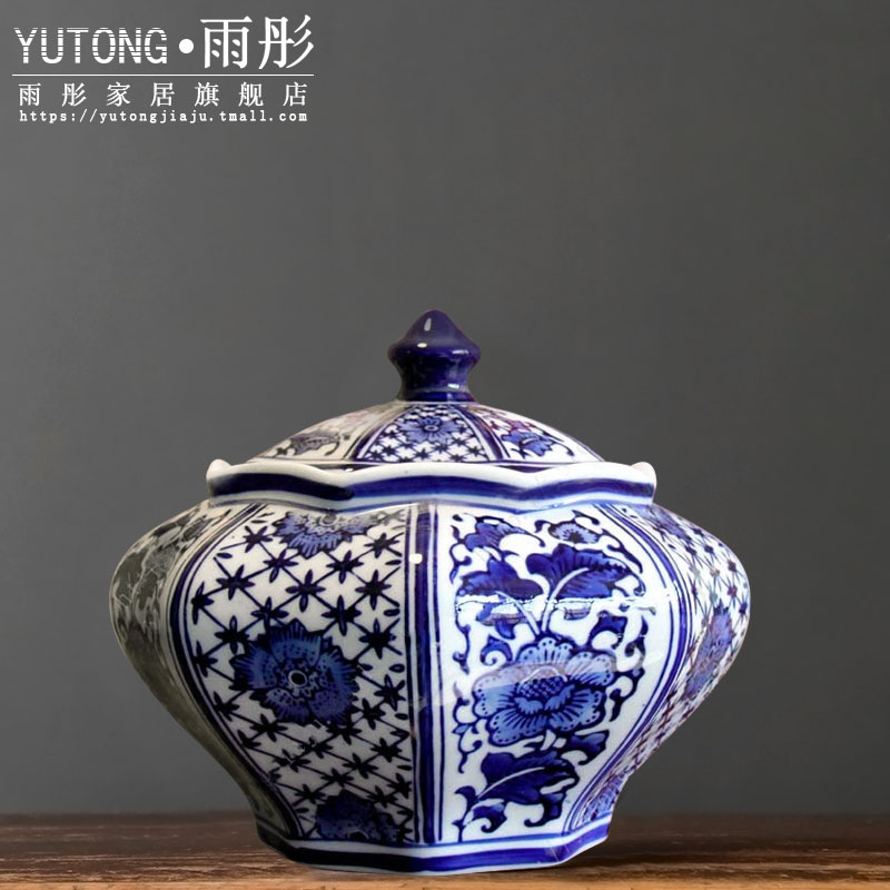 Jingdezhen blue and white porcelain furnishing articles sitting room porch desk anise blue snacks storage tank caddy fixings decoration