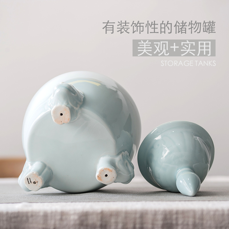 Jingdezhen ceramic tea pot shadow blue glaze three - legged storage tank vessel contracted practical modern decoration home furnishing articles