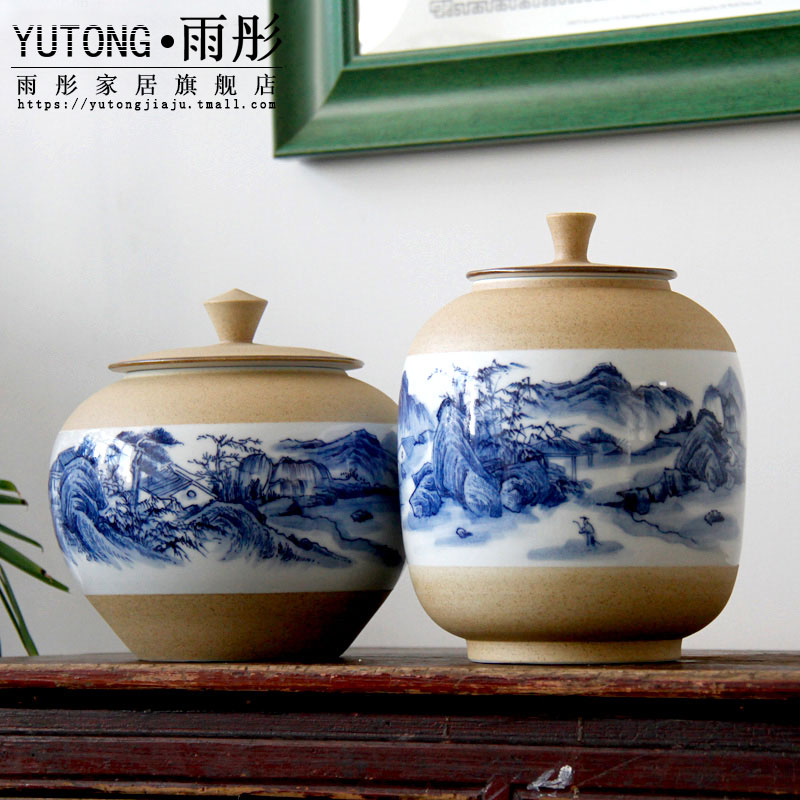 Blue and white porcelain of jingdezhen ceramic checking pottery hand - made porcelain clay landscape pot - bellied tea urn caddy fixings furnishing articles