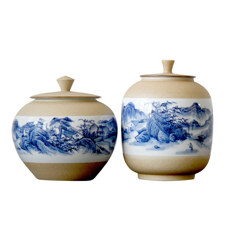 Blue and white porcelain of jingdezhen ceramic checking pottery hand - made porcelain clay landscape pot - bellied tea urn caddy fixings furnishing articles