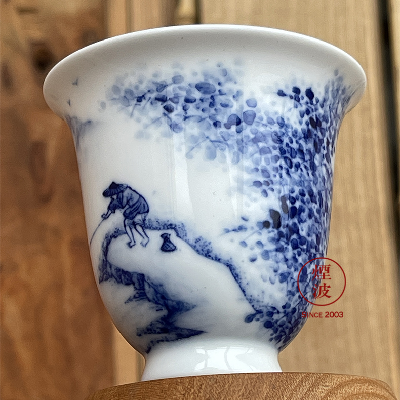 Jingdezhen nine calcinations hand - made blue - and - white porcelain hand landscape beauty fishing cup tea cups