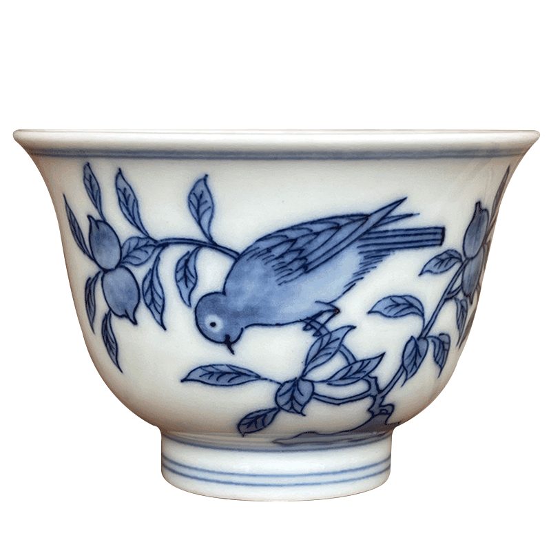 Jingdezhen spring auspicious jade Zou Jun up system with imitation in blue and white peach flowers and birds painting of the bell cup