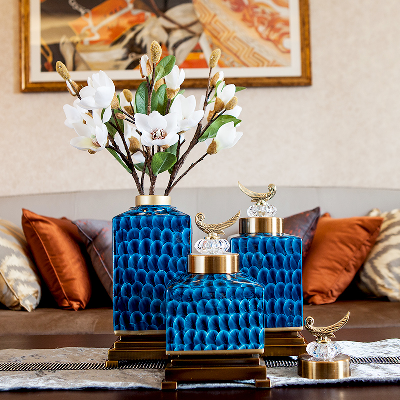 American key-2 luxury light blue vase ceramic furnishing articles European household living room TV cabinet dry flower arranging flowers adornment ornament