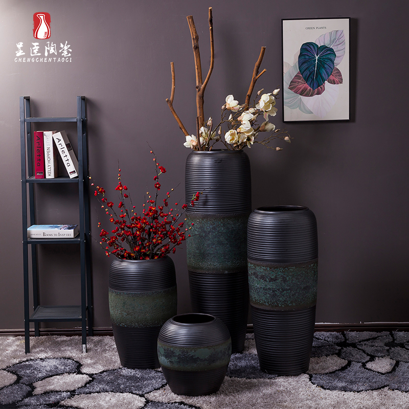 Jingdezhen ceramic furnishing articles large ground vase dried flower black modern new Chinese style porch home sitting room adornment