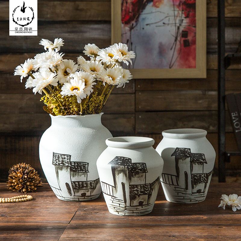 Jingdezhen ceramic bottle retro nostalgia dried flower vase originality and furnishing articles coarse pottery art pottery white decorations