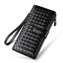 Mens real leather wallet male long zipper handbag business wallet cowskin youth hand bag weaving new leather wallet