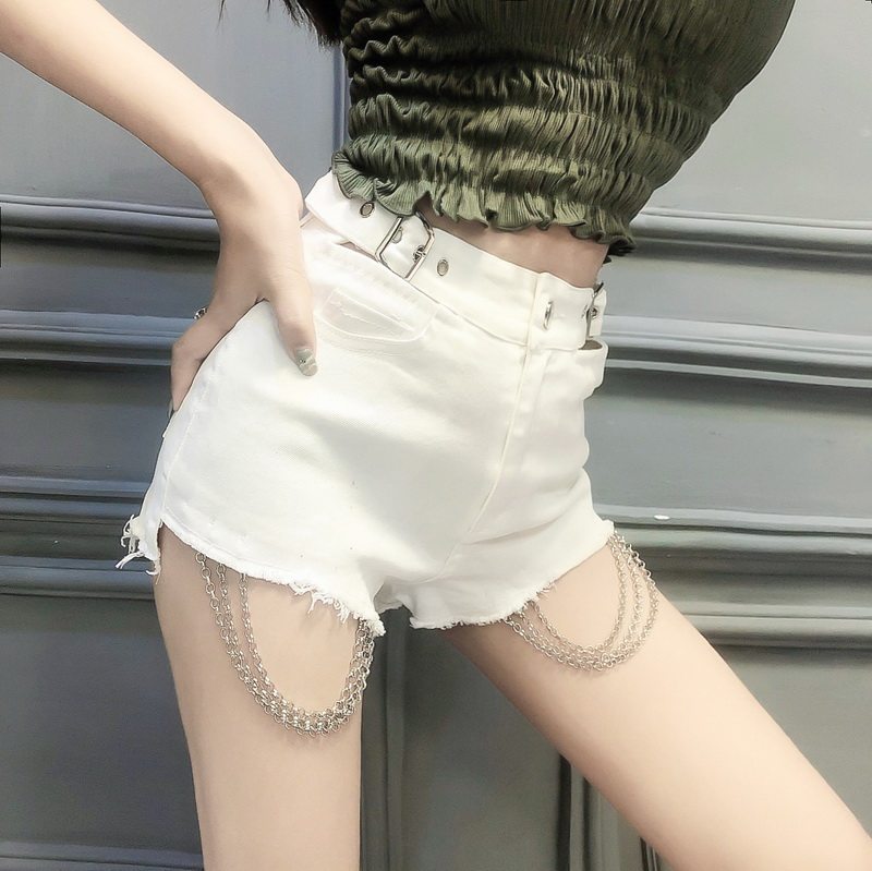 3506实拍实价高腰毛边牛仔短裤女夏季露腰链条热裤