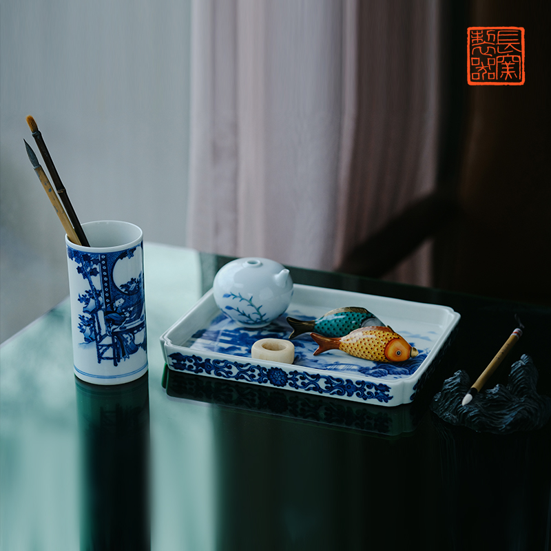 Offered home - cooked hand - made the plate of jingdezhen blue and white landscape character stationery in pure manual archaize ceramic four items