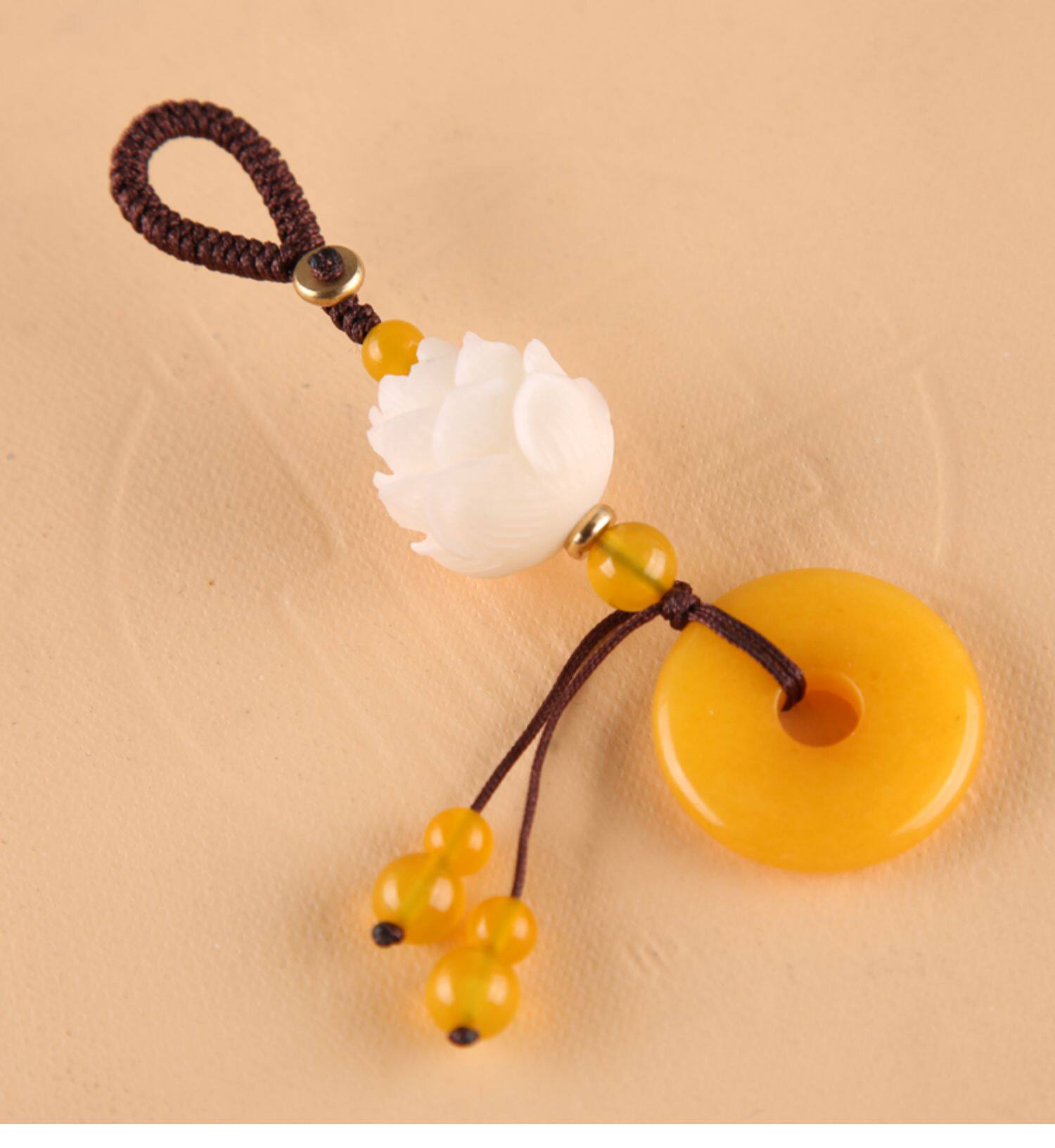 高档汽车钥匙扣挂件菩提根雕刻莲花吊坠玉石平安扣情侣礼品男女款