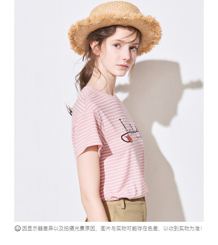 亦谷2018夏装新款圆领显瘦粉色条纹字母印花