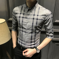 summer men's short sleeve plaid trendy Korean style mid sleeve slim fit casual half sleeve men's half sleeve