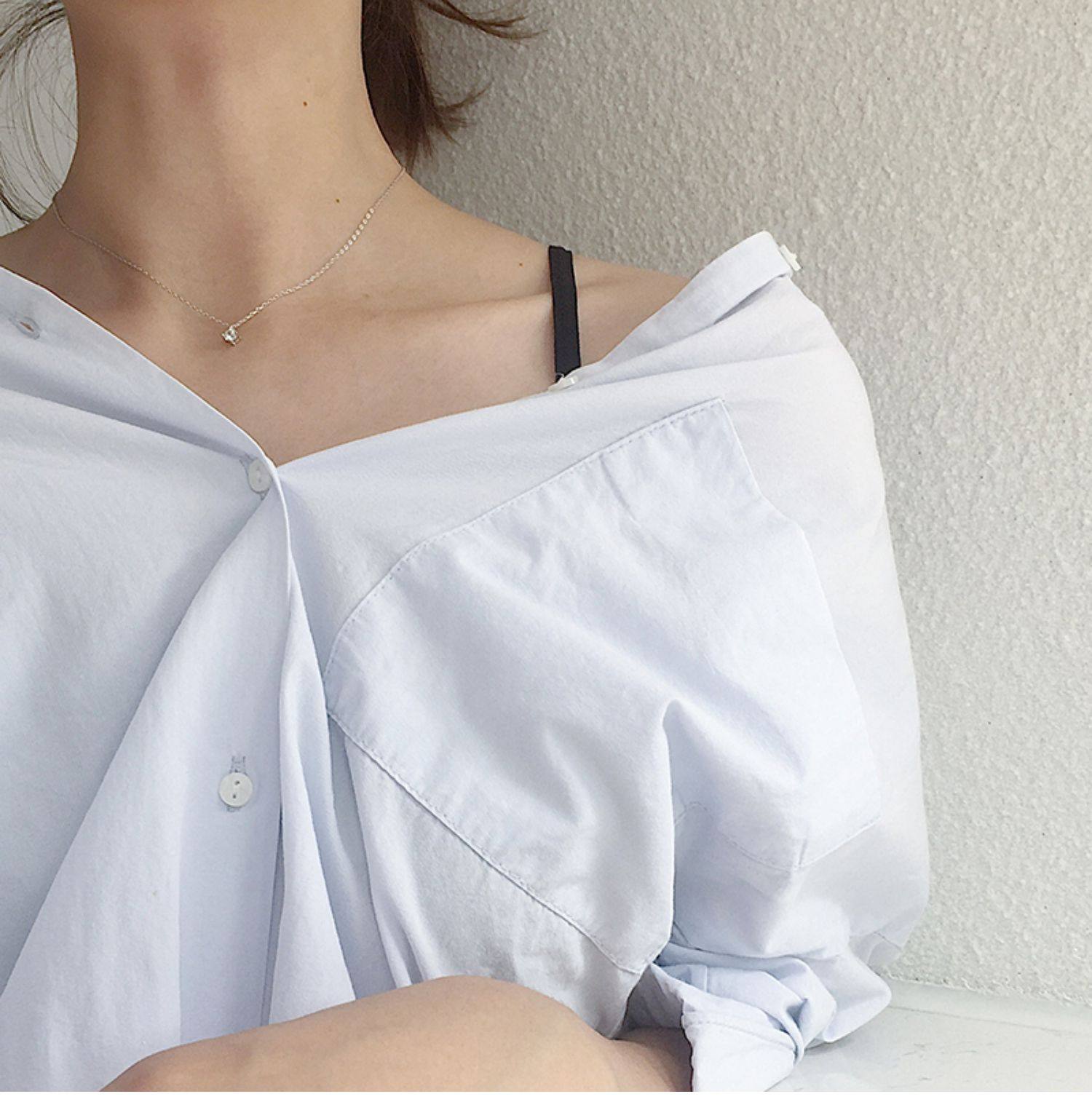 rocksugar925纯银韩国极简约迷你锆石一颗钻石超细巧锁骨链银项链