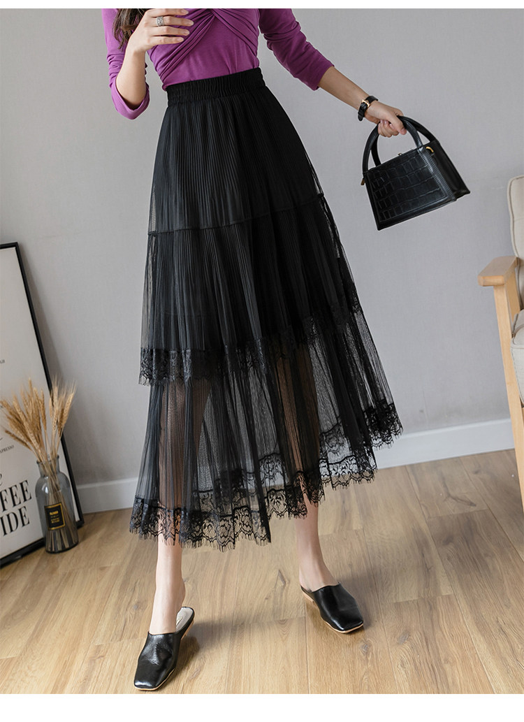 百褶网纱蕾丝拼接蛋糕裙女中长款2020春夏新款松紧腰围百搭半身裙