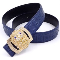 Mens leather smooth buckle belt personality lion head Crocodile grain cowhide belt Trendy youth rhinestone casual pants belt