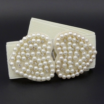 Heart-shaped pearl elastic waist seal Womens widened hook buckle belt Womens stretch decorative belt Dress accessories