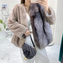 2021 new whole leather imported mink stitching silver fox fashion big coat fur V-neck short mink fur