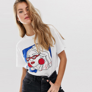 Large-scale Cartoon Printed White Round-collar Short-sleeved