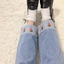 Jeans female spring and autumn students loose Korean strawberry pants embroidery high waist slim Joker trousers straight pants