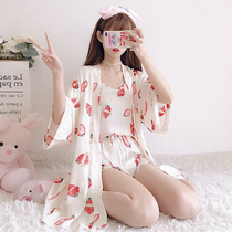 2021 new summer womens summer sling pajamas shorts Net red robe three-piece home clothes cute thin