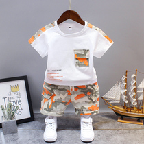 Boys summer suit 2021 new childrens clothing Western style male baby summer camouflage stitching short-sleeved two-piece suit