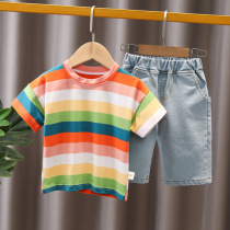 Mens baby summer suit 2021 new childrens summer clothes boys summer rainbow strip short sleeve two-piece tide