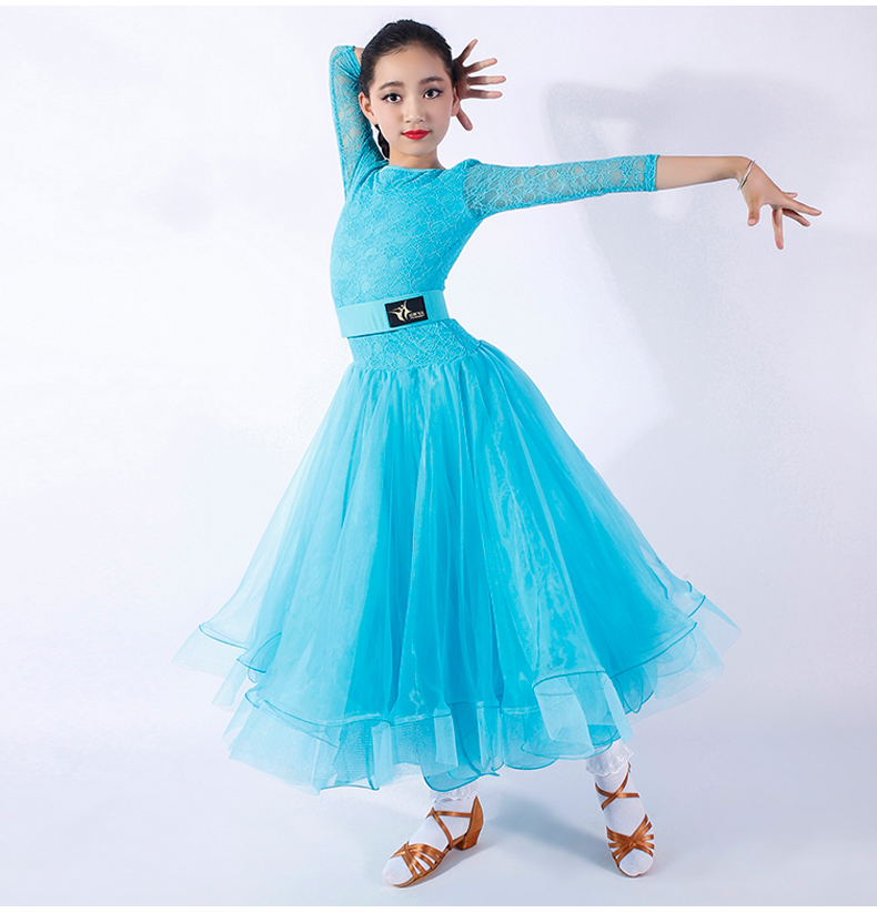 以琳飞儿 蕾丝长袖少儿摩登舞服装fy1087儿童国标舞连衣裙演出服