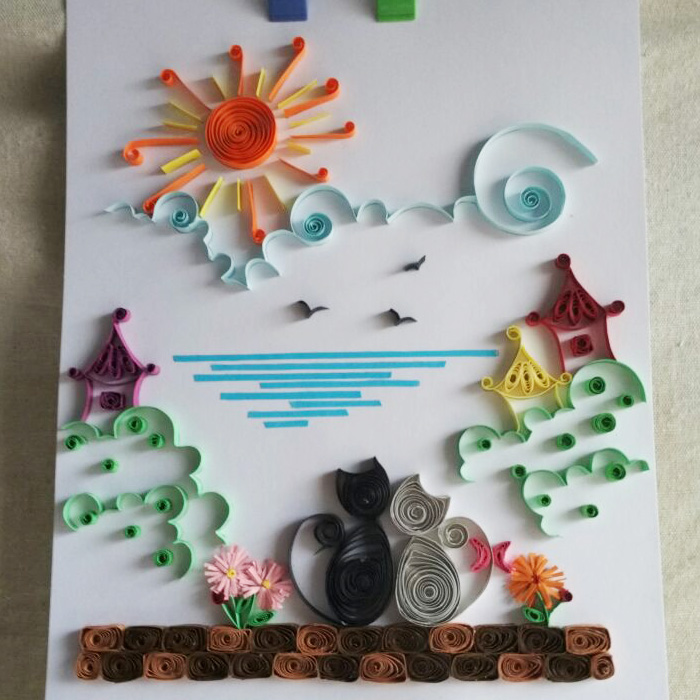 衍纸成品画立体装饰画儿童手工作品和你一起看日出卡通风景小猫咪
