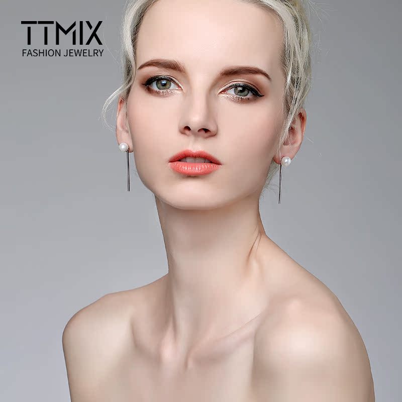 Ttmix925银母贝珍珠耳环韩国气质 长款简约个性耳钉防过敏饰品产品展示图1