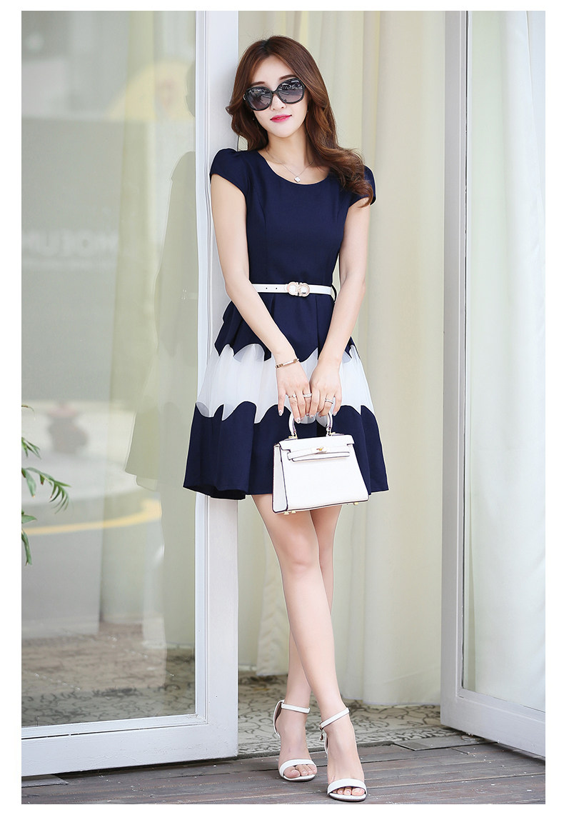 尔岚2017夏装新款女装韩版短袖雪纺连衣裙夏中裙修身气质淑女裙子